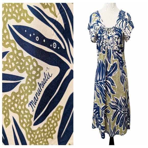 Vintage Manuheali'i Womens Sz S/M? Blue White Aloha Hawaiian Self Tie S/S Dress - Picture 1 of 9